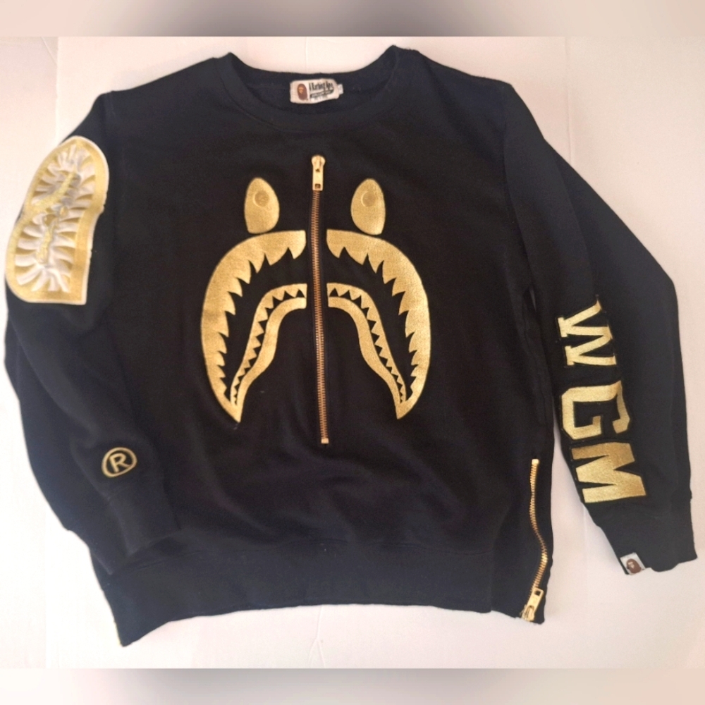 Bape Shark 3/4 zip Crew-neck XL Black Gold A Bathing Ape